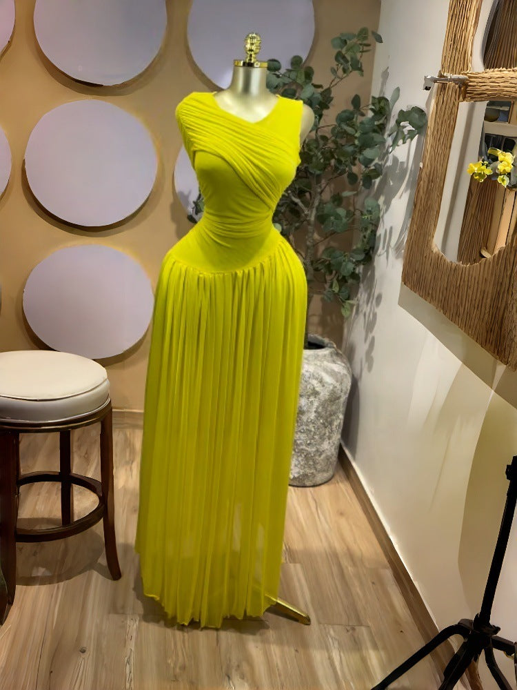 Sleeveless Pleated Mesh Long Formal Dress