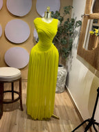Sleeveless Pleated Mesh Long Formal Dress