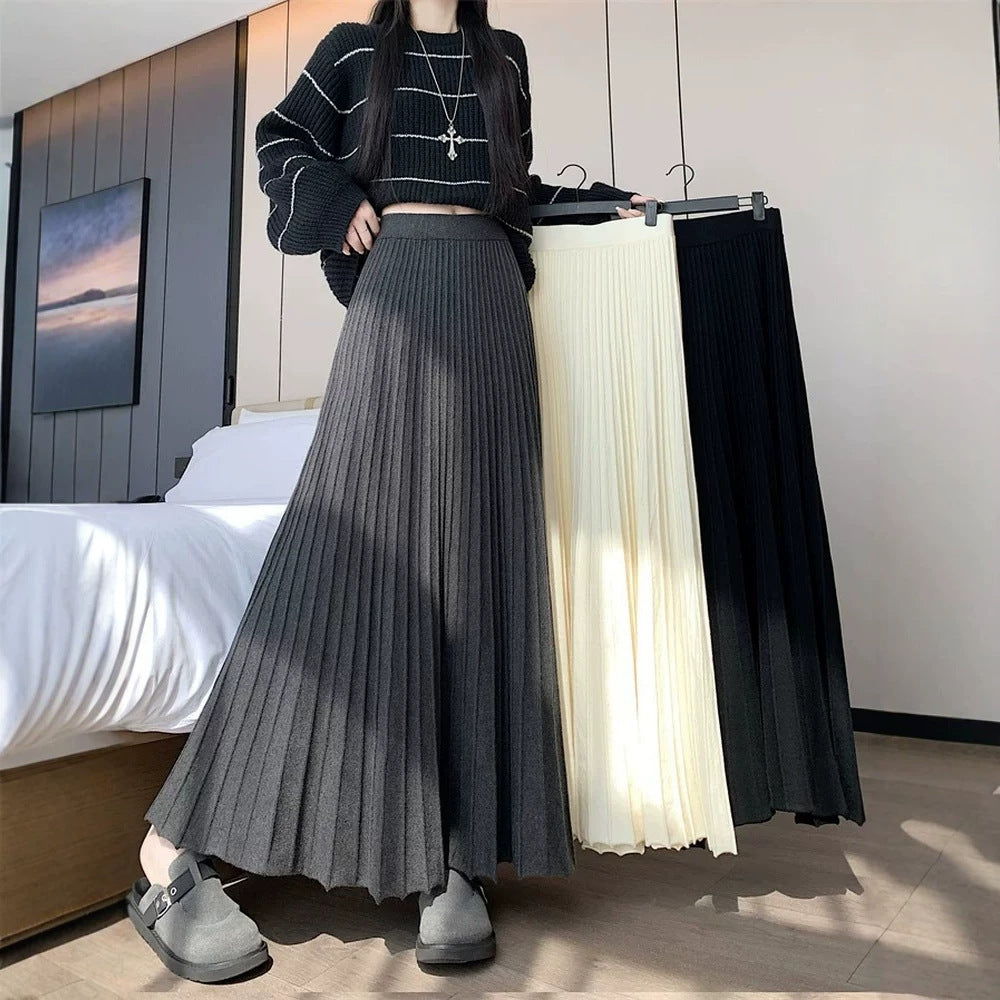 Casual High Waist Pleated Knitted Long Skirt for Women