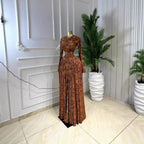 Printed Long Sleeve Hollow Out Mesh Vacation Maxi Dress