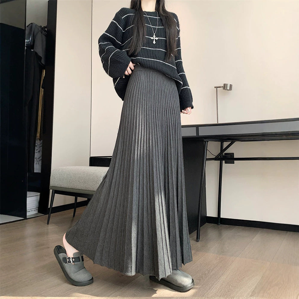 Casual High Waist Pleated Knitted Long Skirt for Women