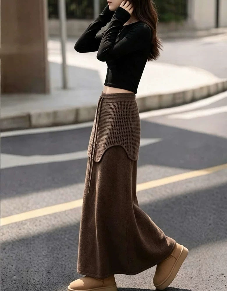 Design-Inspired Spliced Dark Gray Knit Drawstring Waist Maxi Skirt for Women