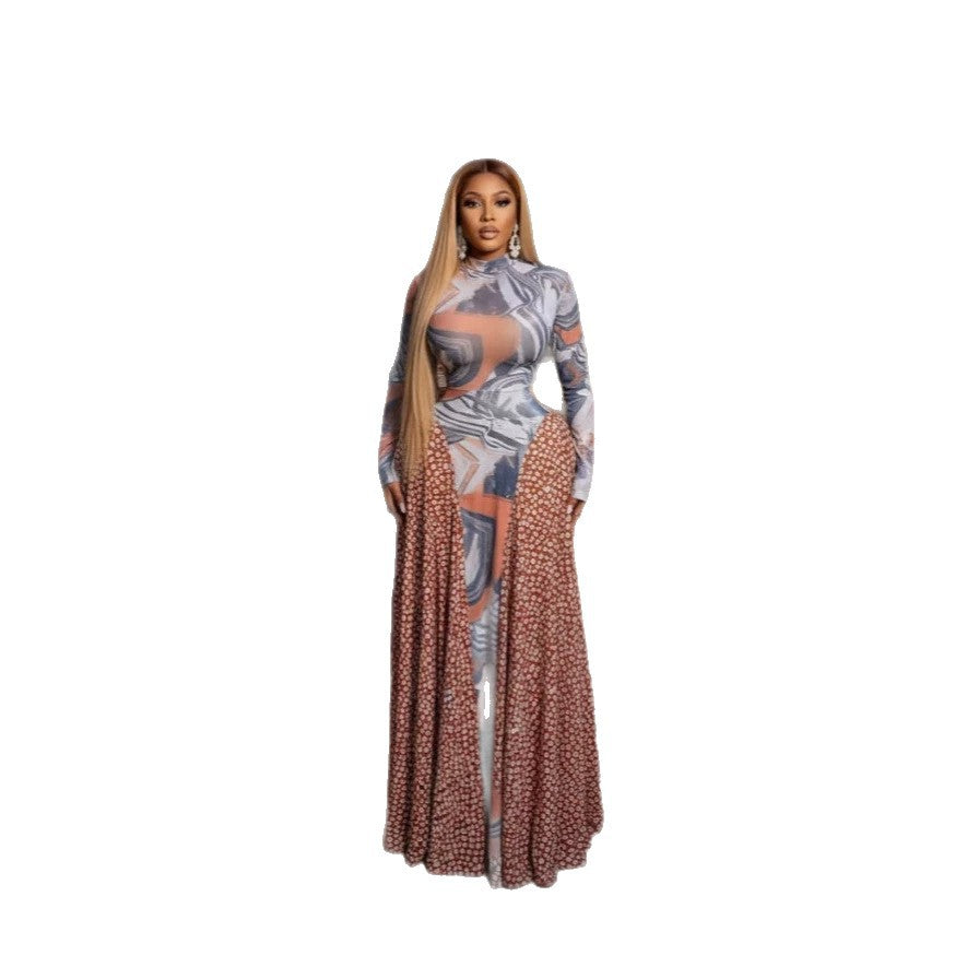Printed Long Sleeve Sheer Mesh Elegant Long Dress