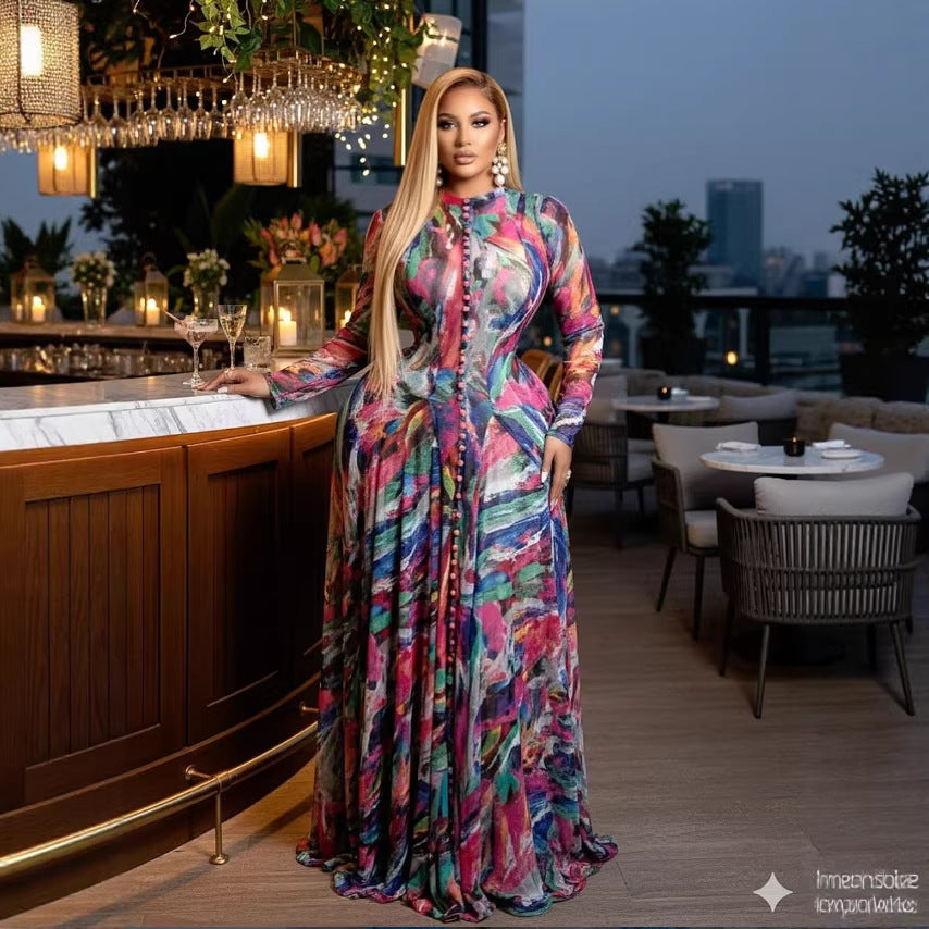Tie-Dye Print Long Sleeve Mesh Sexy Maxi Dress