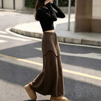 Design-Inspired Spliced Dark Gray Knit Drawstring Waist Maxi Skirt for Women