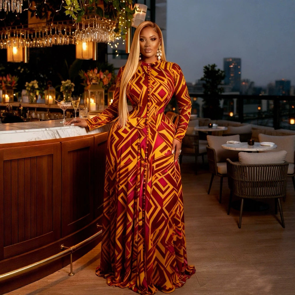 Tie-Dye Print Long Sleeve Mesh Sexy Maxi Dress
