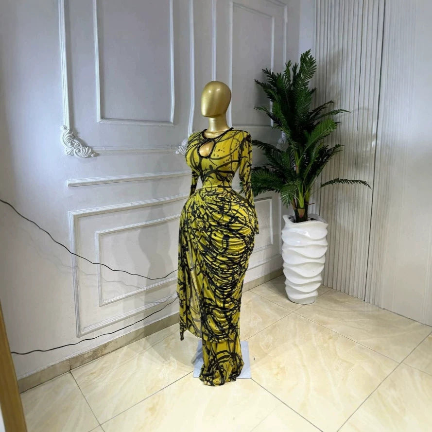 Printed Long Sleeve Mesh Cut-Out Rhinestone Dress