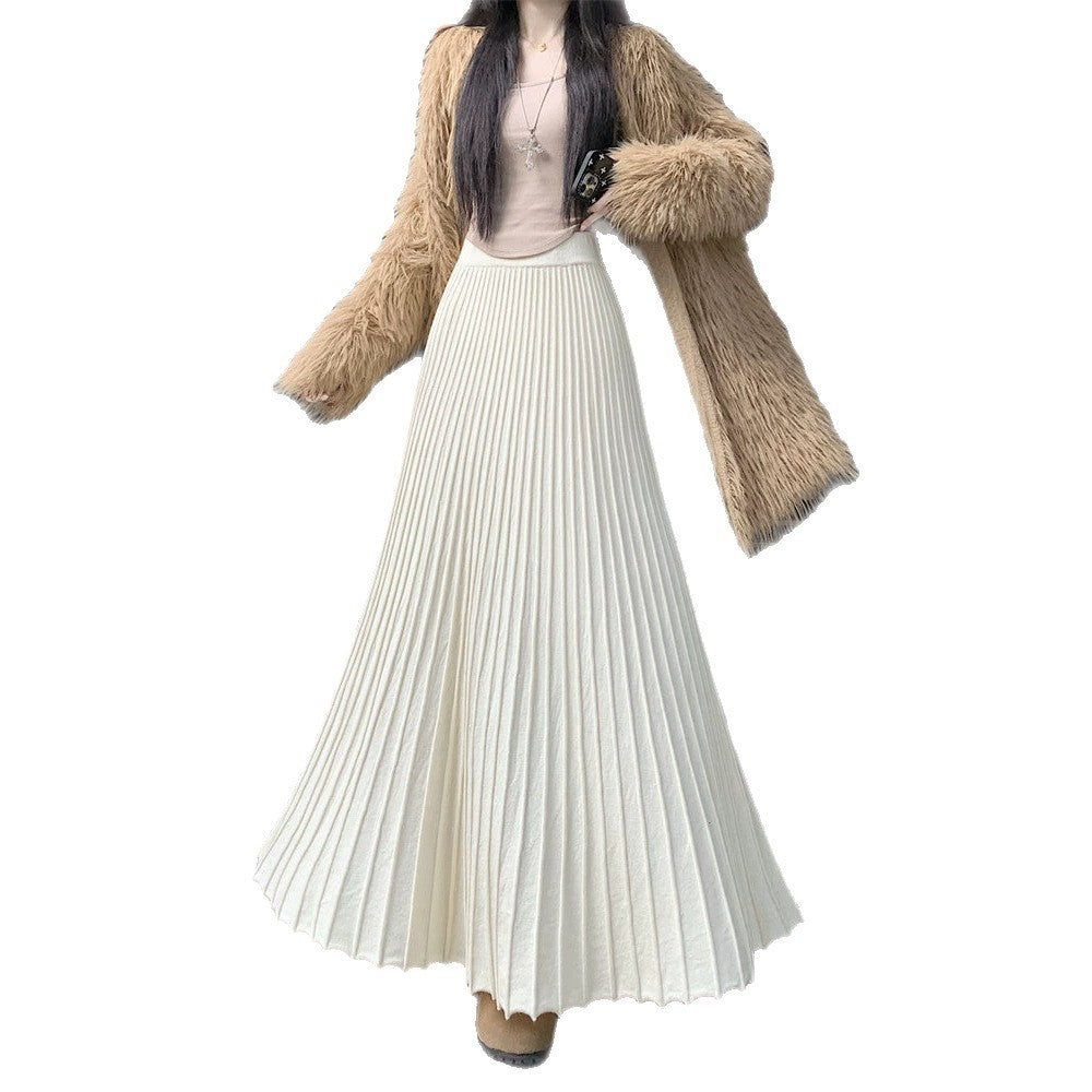 Casual High Waist Pleated Knitted Long Skirt for Women