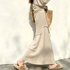 Design-Inspired Spliced Dark Gray Knit Drawstring Waist Maxi Skirt for Women