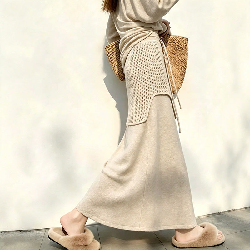 Design-Inspired Spliced Dark Gray Knit Drawstring Waist Maxi Skirt for Women