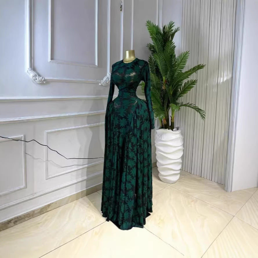 Printed Long Sleeve Hollow Out Mesh Vacation Maxi Dress