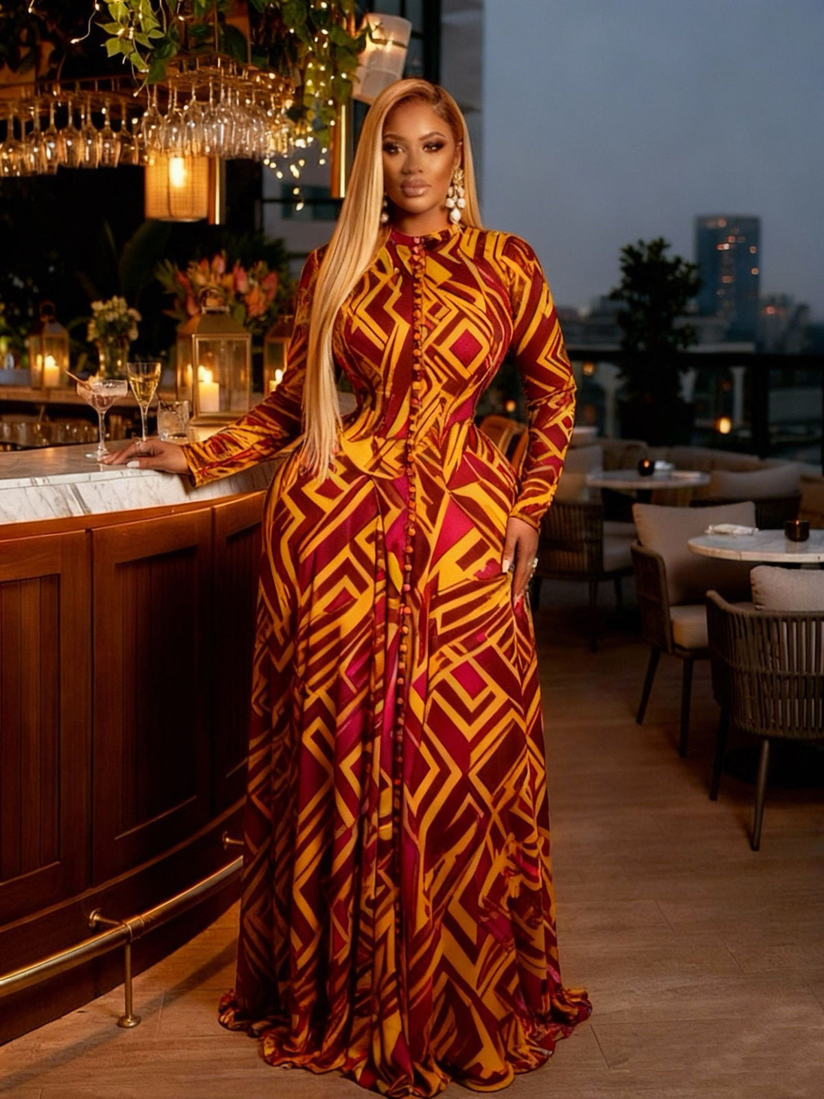 Tie-Dye Print Long Sleeve Mesh Sexy Maxi Dress