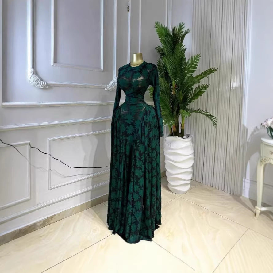 Printed Long Sleeve Hollow Out Mesh Vacation Maxi Dress
