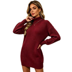 High neck loose woolen dress