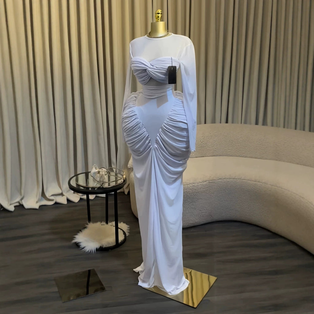Chic Sexy Long Sleeve Ruched Mesh Slim Fit Bodycon Dress