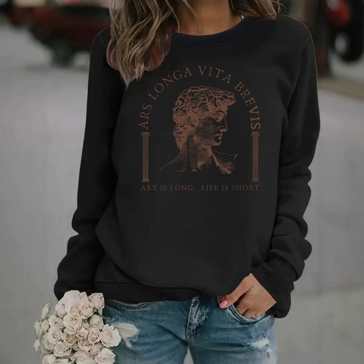 Life Hardship Short Pattern Printed Round Neck Velvet Hoodie