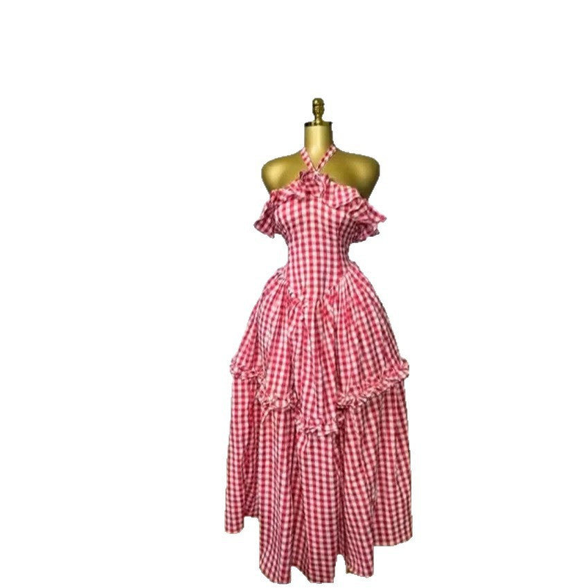 Elegant Plaid Printed Sleeveless Halter Ruffle Slim Fit Dress