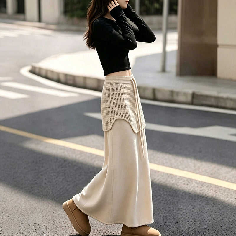 Design-Inspired Spliced Dark Gray Knit Drawstring Waist Maxi Skirt for Women
