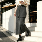 Design-Inspired Spliced Dark Gray Knit Drawstring Waist Maxi Skirt for Women