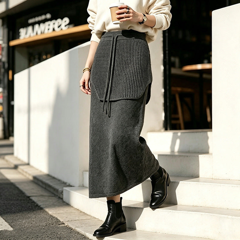 Design-Inspired Spliced Dark Gray Knit Drawstring Waist Maxi Skirt for Women