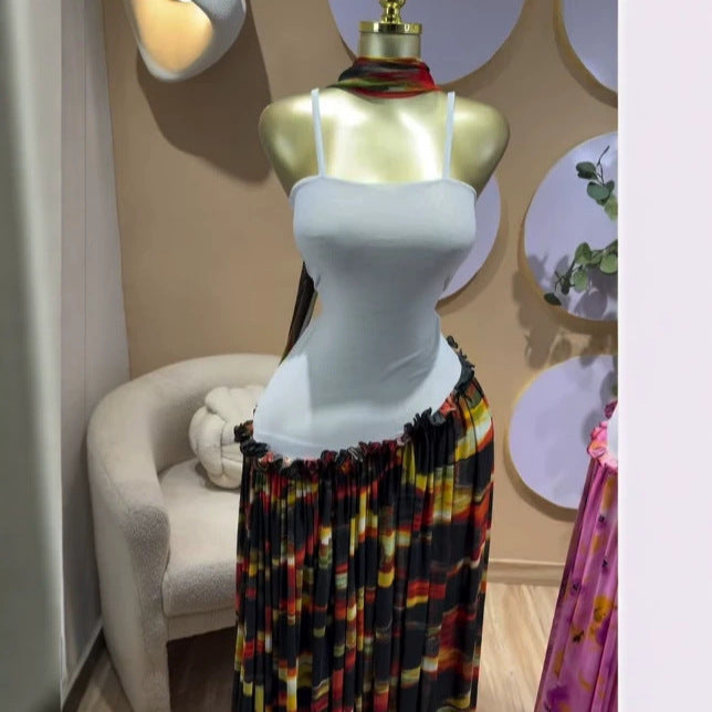 Elegant Printed Sleeveless Backless Slim Fit Chiffon Dress