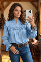 Beau Blue Western Ruffle V Neck Long Sleeve 100% Cotton Chambray Blouse