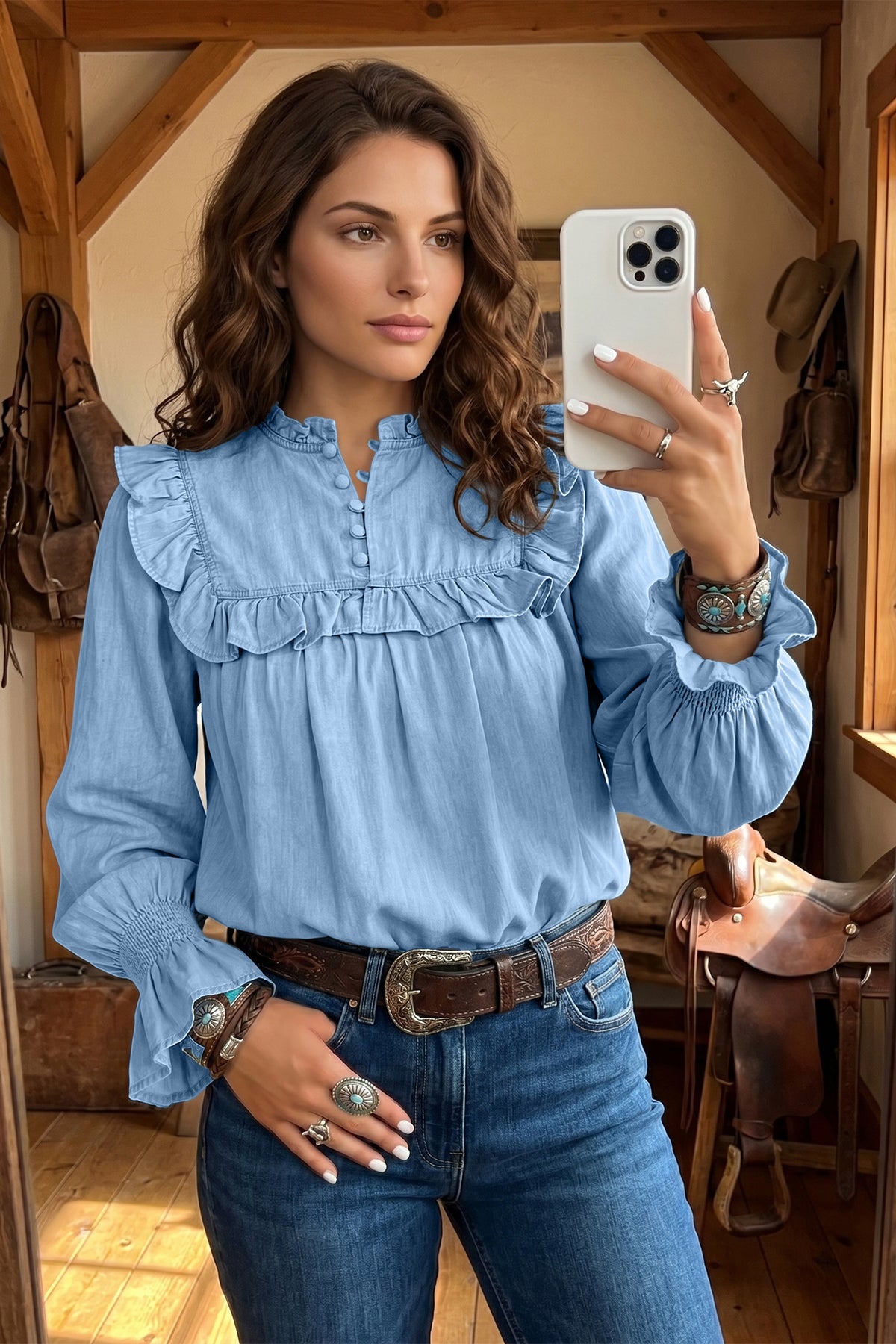Beau Blue Western Ruffle V Neck Long Sleeve 100% Cotton Chambray Blouse