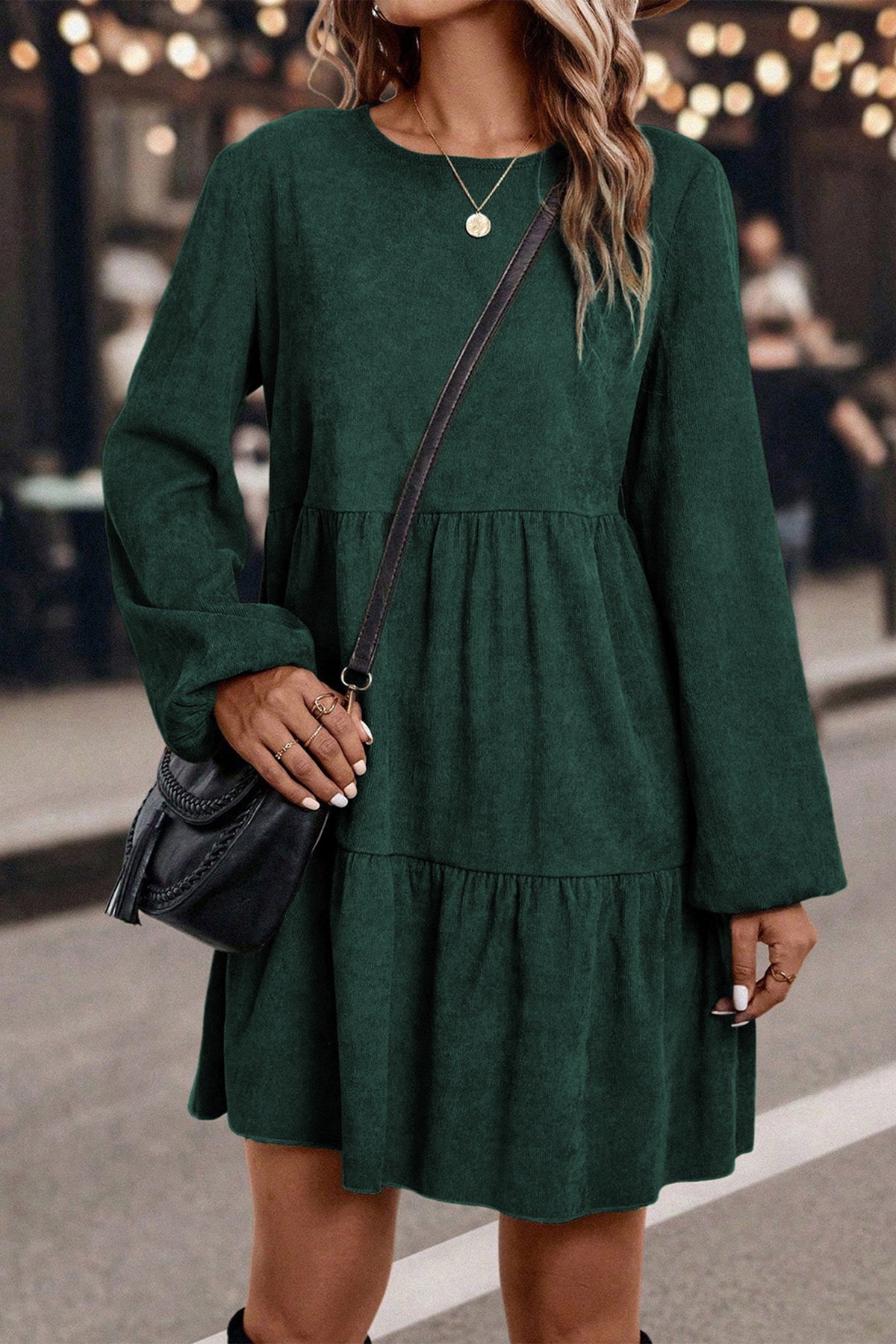 Mist Green Lantern Sleeve Tiered Mini Dress