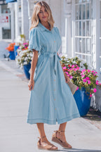 Sail Blue 100% Cotton Full Buttons Collared Short Bubble Sleeve Long Denim Dress