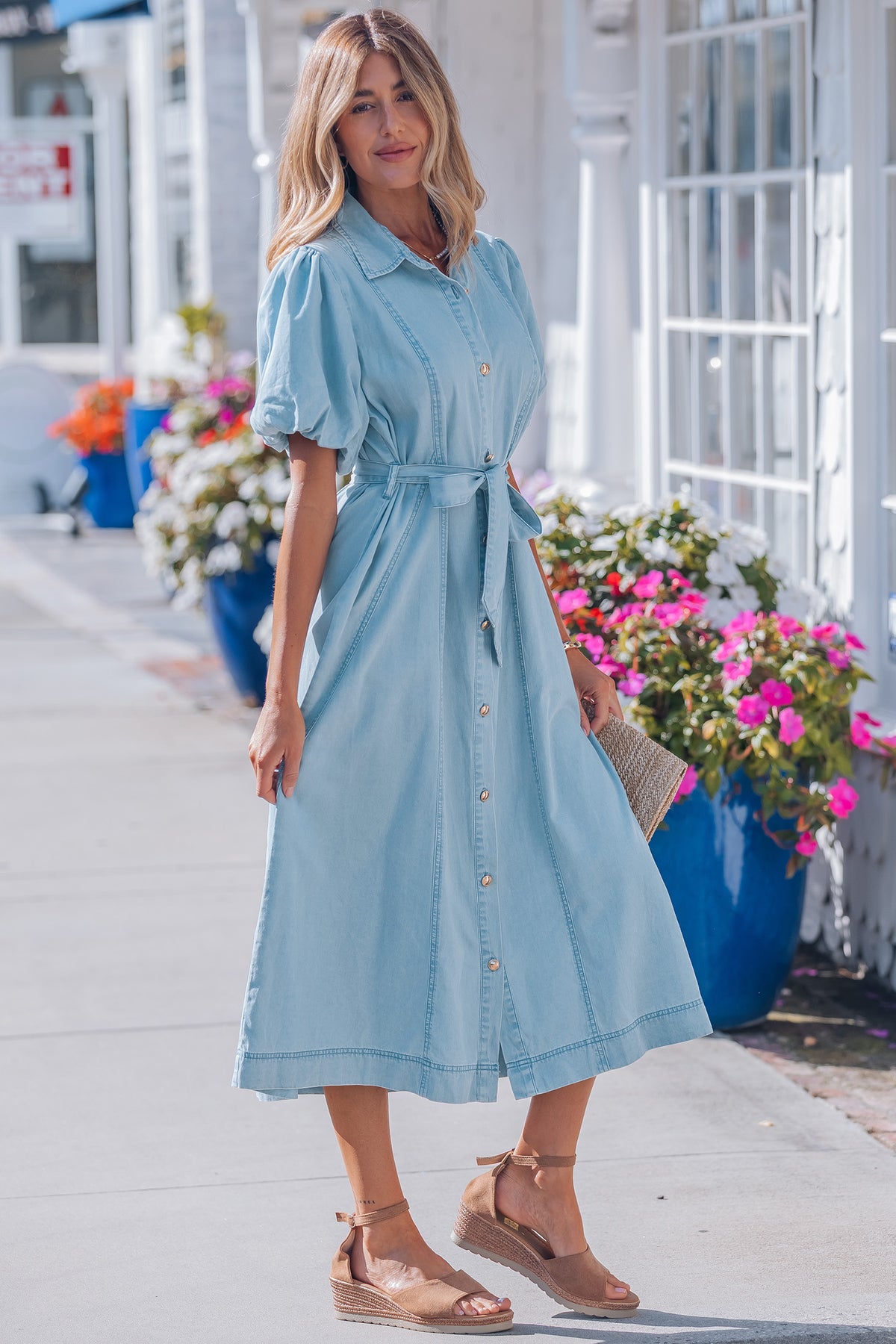 Sail Blue 100% Cotton Full Buttons Collared Short Bubble Sleeve Long Denim Dress