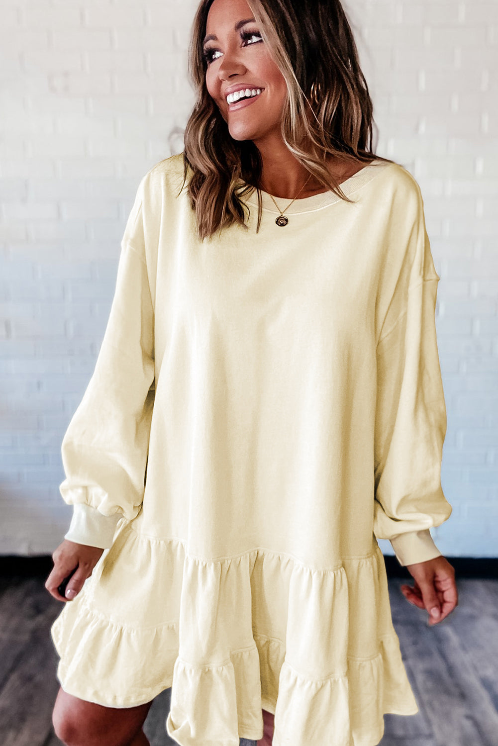 Beige Double Tiered Ruffle Hem Long Sleeve Loose Mini Dress