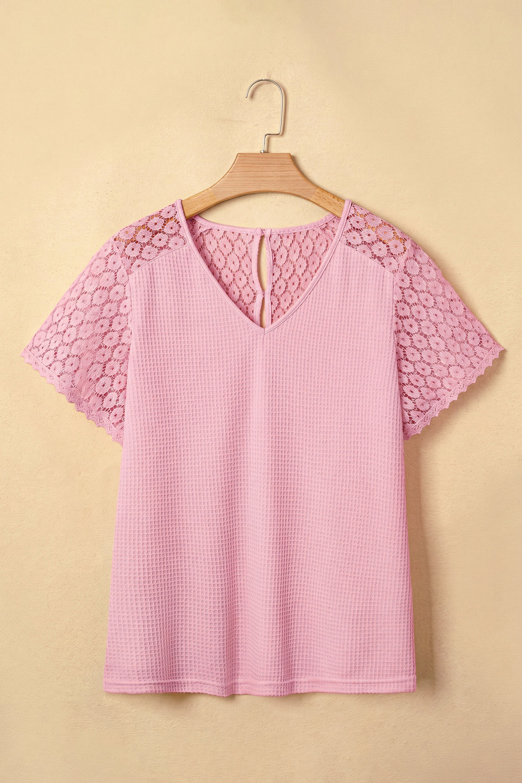 Beige Lace Splicing Button Cutout V Neck Waffle Knit Blouse