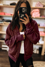 Gray Waffle Splicing Zip Up Front Button Hooded Jacket