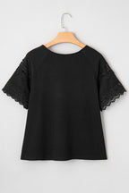 White Ribbed Lace Patchwork Short Sleeve Top