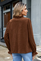 Coffee Solid Color Ruffle Trim V Neck Long Sleeve Button Corduroy Shakcet