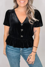 Black V Neck Bow Decoration Peplum Hem Shift Silhouette Short Sleeve Blouse