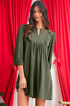 Moss Green Split Neck Scallop Detail Pleated Corduroy Mini Dress
