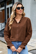 Coffee Solid Color Ruffle Trim V Neck Long Sleeve Button Corduroy Shakcet