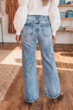 Sail Blue Acid Wash Pocket Detail Flare Jeans