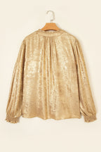 Gold Metallic Sheen V Neck Gathered Cuff Long Sleeve Blouse