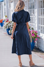 Sail Blue 100% Cotton Full Buttons Collared Short Bubble Sleeve Long Denim Dress