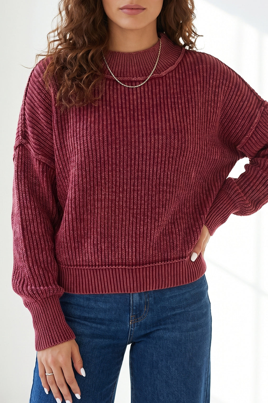 Red Dahlia 100% Cotton Drop Shoulder High Neck Ribbed Sweater