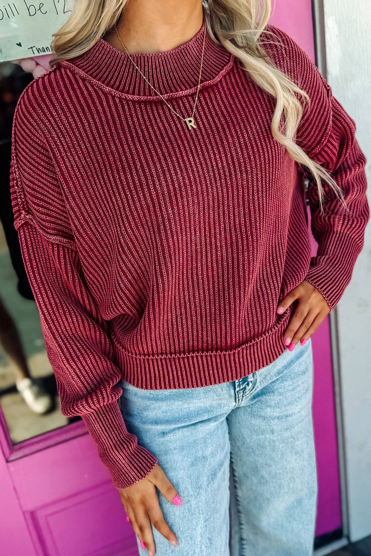 Red Dahlia 100% Cotton Drop Shoulder High Neck Ribbed Sweater