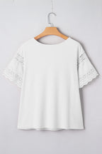 White Ribbed Lace Patchwork Short Sleeve Top