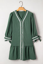 Canton Contrast Ricrac Trim Button V Neck Knotted Bracelet Sleeve Dress