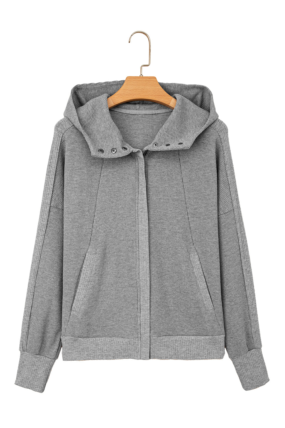 Gray Waffle Splicing Zip Up Front Button Hooded Jacket