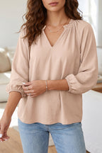 Parchment V Neck Gathered Cuff Three Quarter Sleeve Blouse