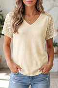 Beige Lace Splicing Button Cutout V Neck Waffle Knit Blouse