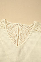 Beige Lace Splicing Button Cutout V Neck Waffle Knit Blouse