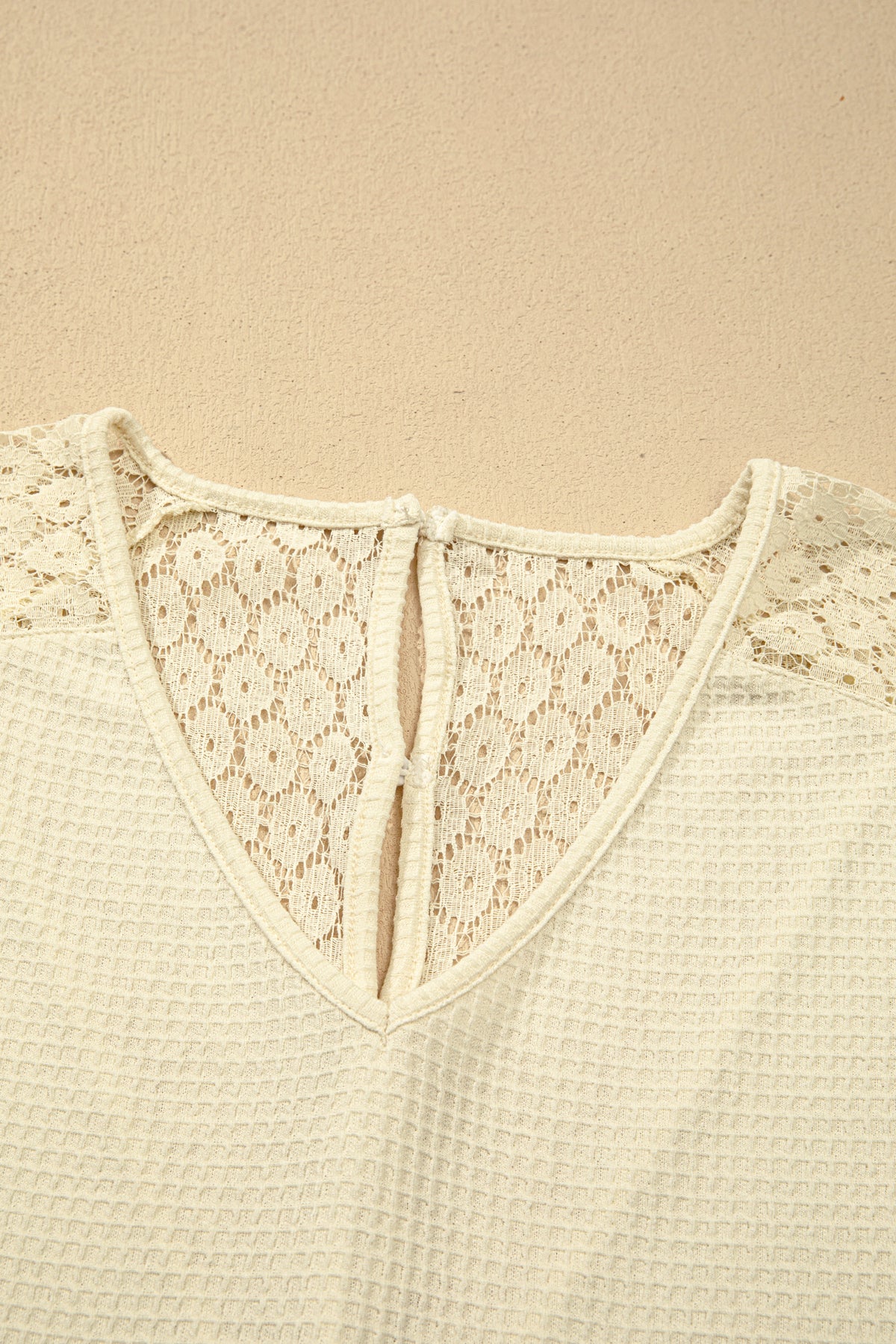 Beige Lace Splicing Button Cutout V Neck Waffle Knit Blouse